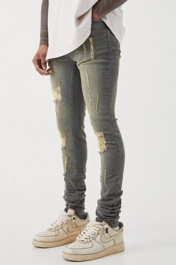Grey Super Skinny Stretch Multi Rip Stacked Jeans