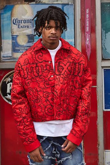 Boxy Padded Nylon Embroidered Collared Bomber red