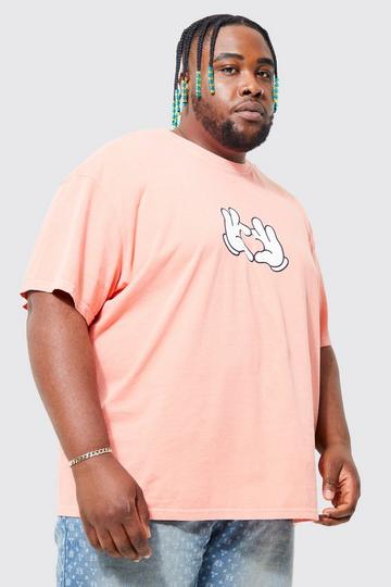 Plus Oversized Overdye Love Heart Hand T-shirt coral
