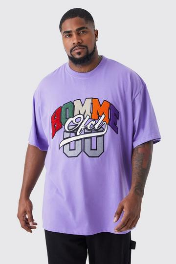 Plus Oversized Homme Washed Varsity Applique T-shirt purple