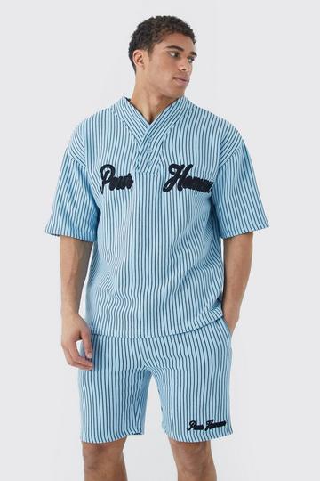 Oversized Pinstripe Baseball Polo And Short Set light blue