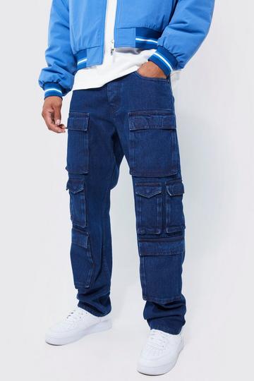 Relaxed Fit Washed Multi Pocket Cargo Jeans indigo