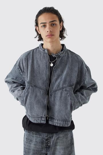 Grey Boxy Fit Panelled Denim Moto Jacket