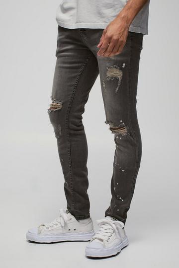 Grey Skinny Stretch Bleached Ripped Knee Jeans