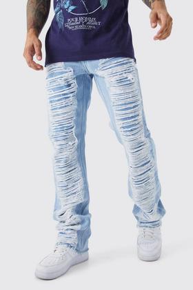 Acid Wash Distressed Extreme Rip Skinny Jeans - Mid Blue Wash