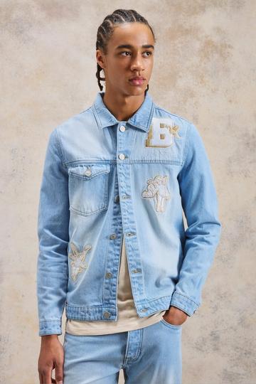 Applique And Embroidered Denim Jacket ice blue