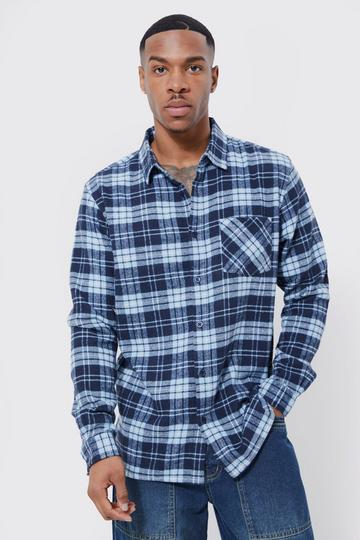 Long Sleeve Grid Flannel Check Shirt blue