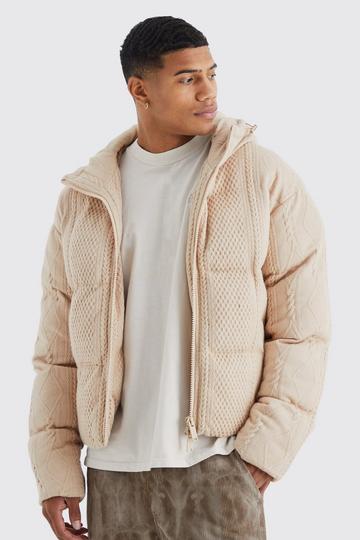 Heavyweight Cable Knitted Puffer With Hood sand