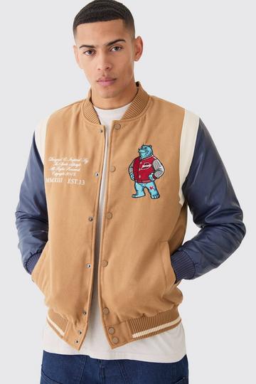 Tan Brown Melton & Pu Bear Badge Varsity Jacket