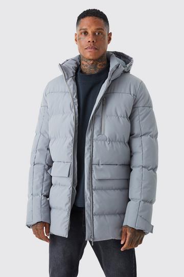 Grey Longline Quilted Puffer With Hood