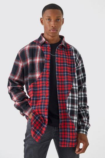 Oversized Waved Spliced Check Shirt red