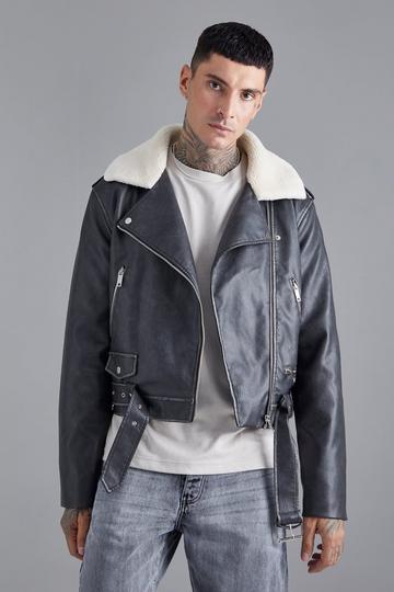 Boxy Fit Washed Pu Biker With Borg Collar grey