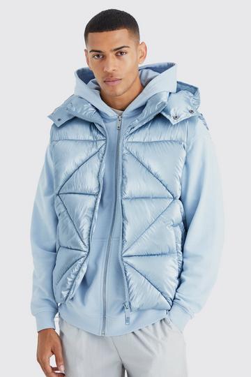 Blue Metallic Quilted Gilet With Hood