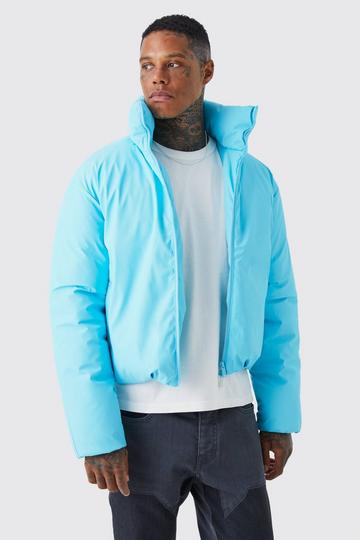 Boxy Funnel Neck Coated Puffer blue