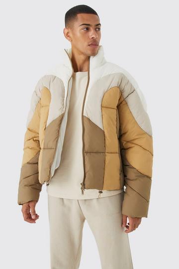 Tan Brown Colour Block Curved Panel Puffer