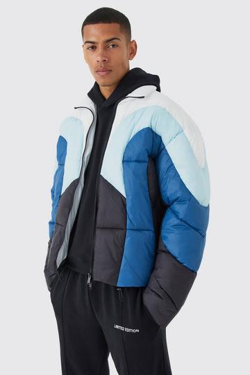 Colour Block Curved Panel Puffer blue
