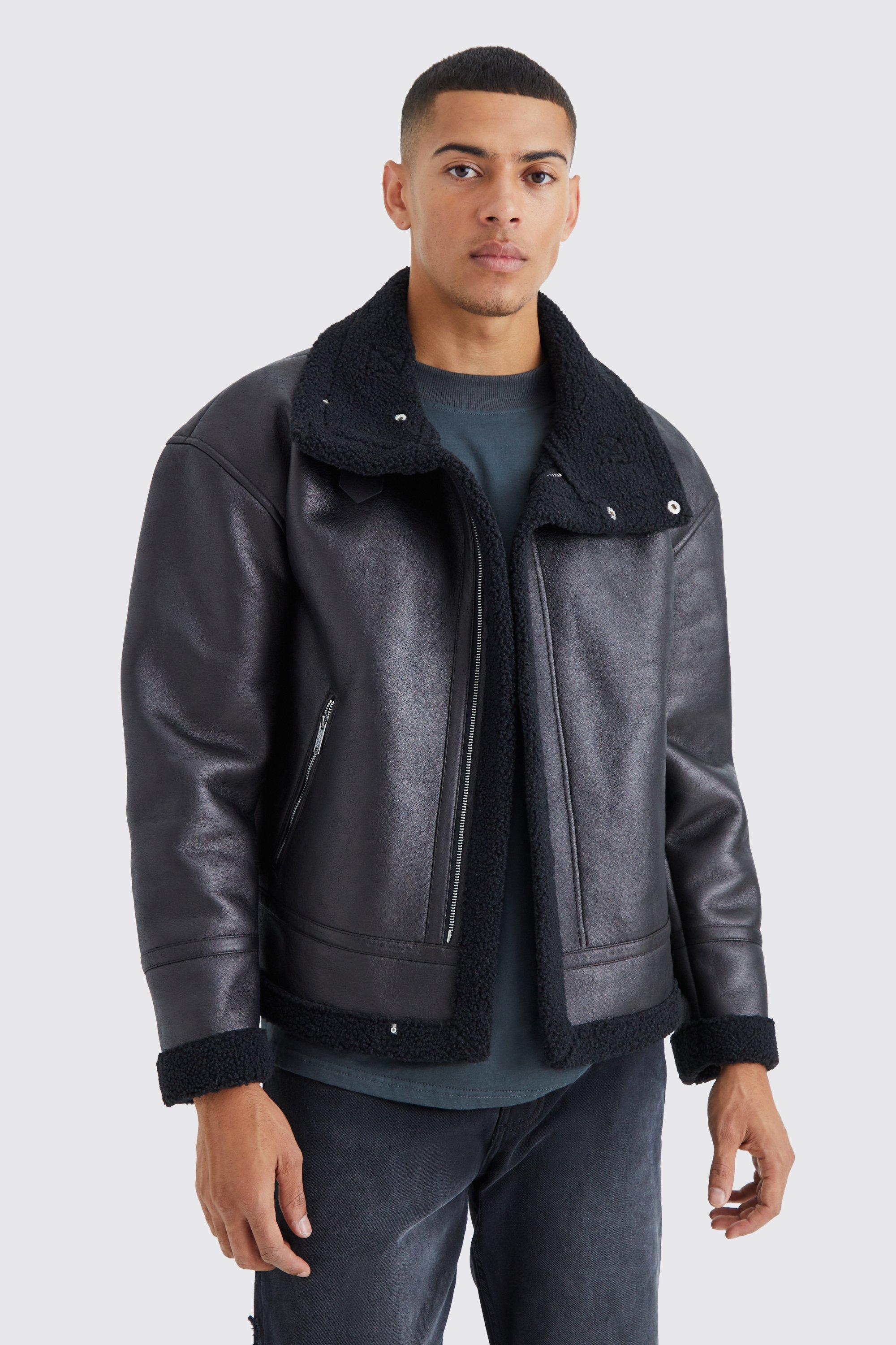 Boohooman aviator jacket with faux outlet fur lining in black