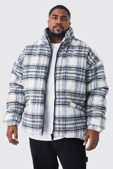 Plus Brushed Check Funnel Neck Puffer white