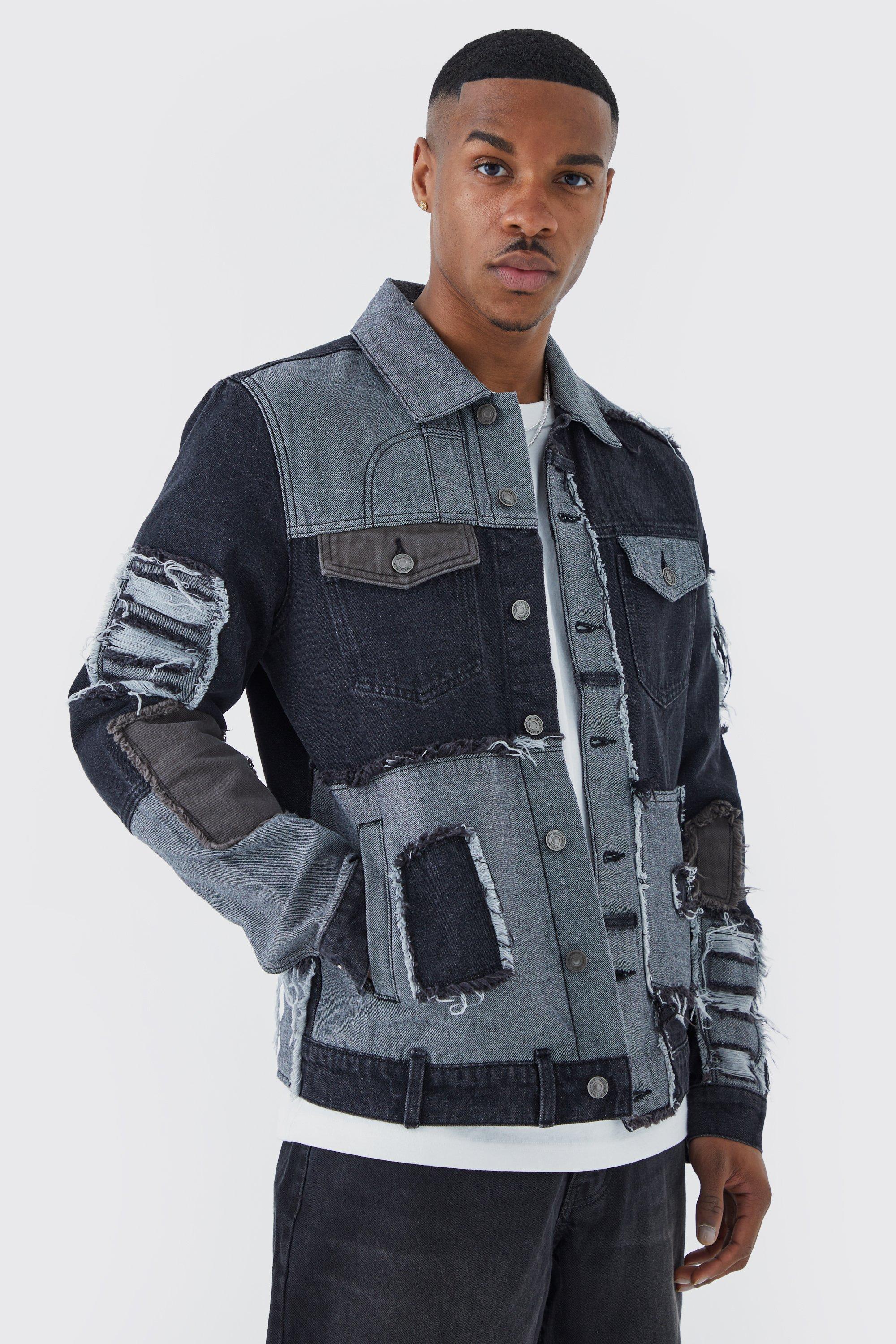 Men s Boxy Denim Jacket With Distressed Detail Boohoo UK