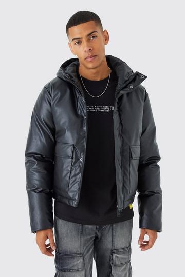 Black Boxy Pu Hooded Puffer With Pockets