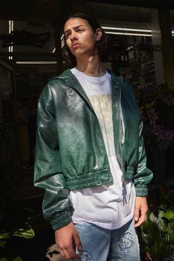 Green Boxy Cracked Pu Hooded Bomber