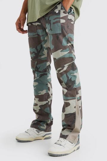 Slim Stacked Gusset Flare Multi Cargo Camo Trouser chocolate