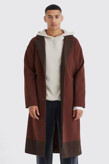 Longline Colour Block Belted Overcoat chocolate