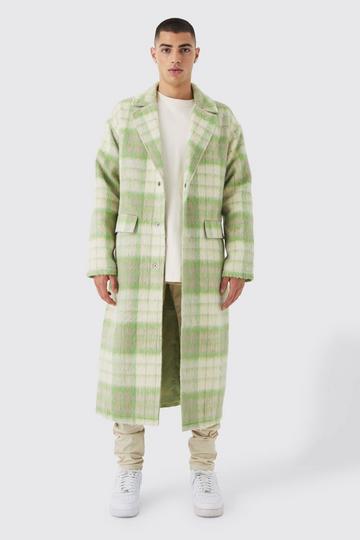 Green Longline Brushed Check Belted Overcoat