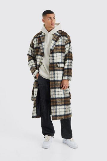 Tan Brown Longline Brushed Check Belted Overcoat