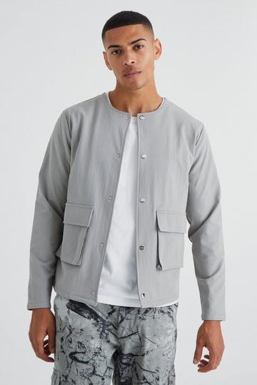 Grey Collarless Technical Stretch Bomber
