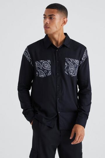 Long Sleeve Viscose Bandana Panel Shirt black