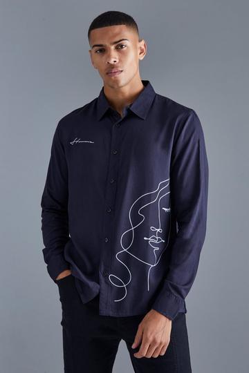 Long Sleeve Viscose Line Drawing Shirt black