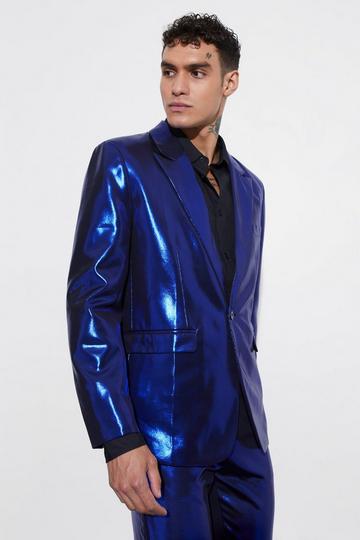 Relaxed Fit Single Breasted Metallic Blazer cobalt