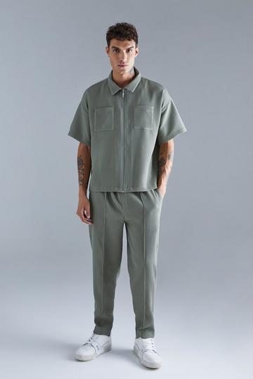 Pleated Short Sleeve Shirt & Elasticated Pintuck Trouser Set sage