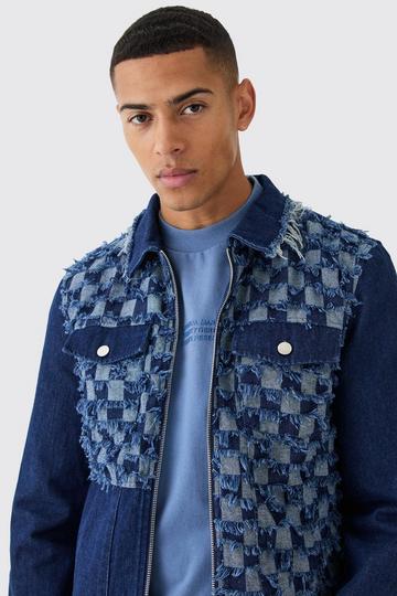 Checkerboard Spliced Denim Jacket dark blue