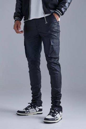 Tall Skinny Stacked Coated Twill Cargo Trouser black