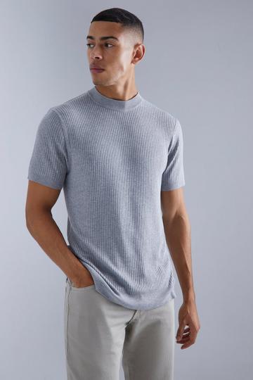 Ribbed Short Sleeve Extended Neck Knitted T-shirt grey marl