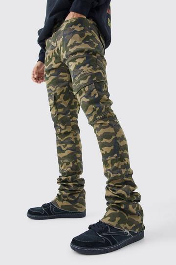 Sand Beige Skinny Stacked Flare Gusset Camo Cargo Trouser