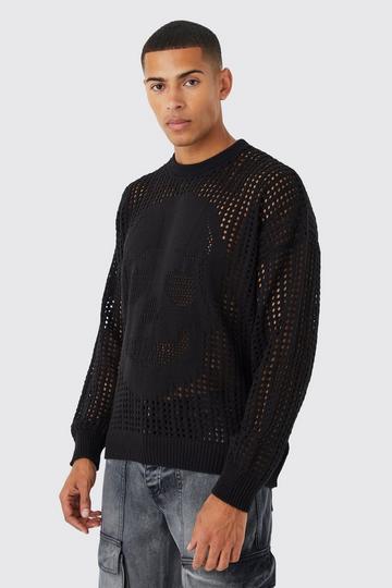 Black Oversized Open Knit Skull Jumper