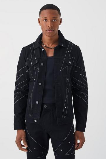 Studded Denim Jacket With Contrast Stitch true black