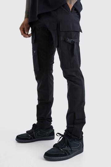 Black Elastic Waist Slim Multi Cargo Strap Trouser