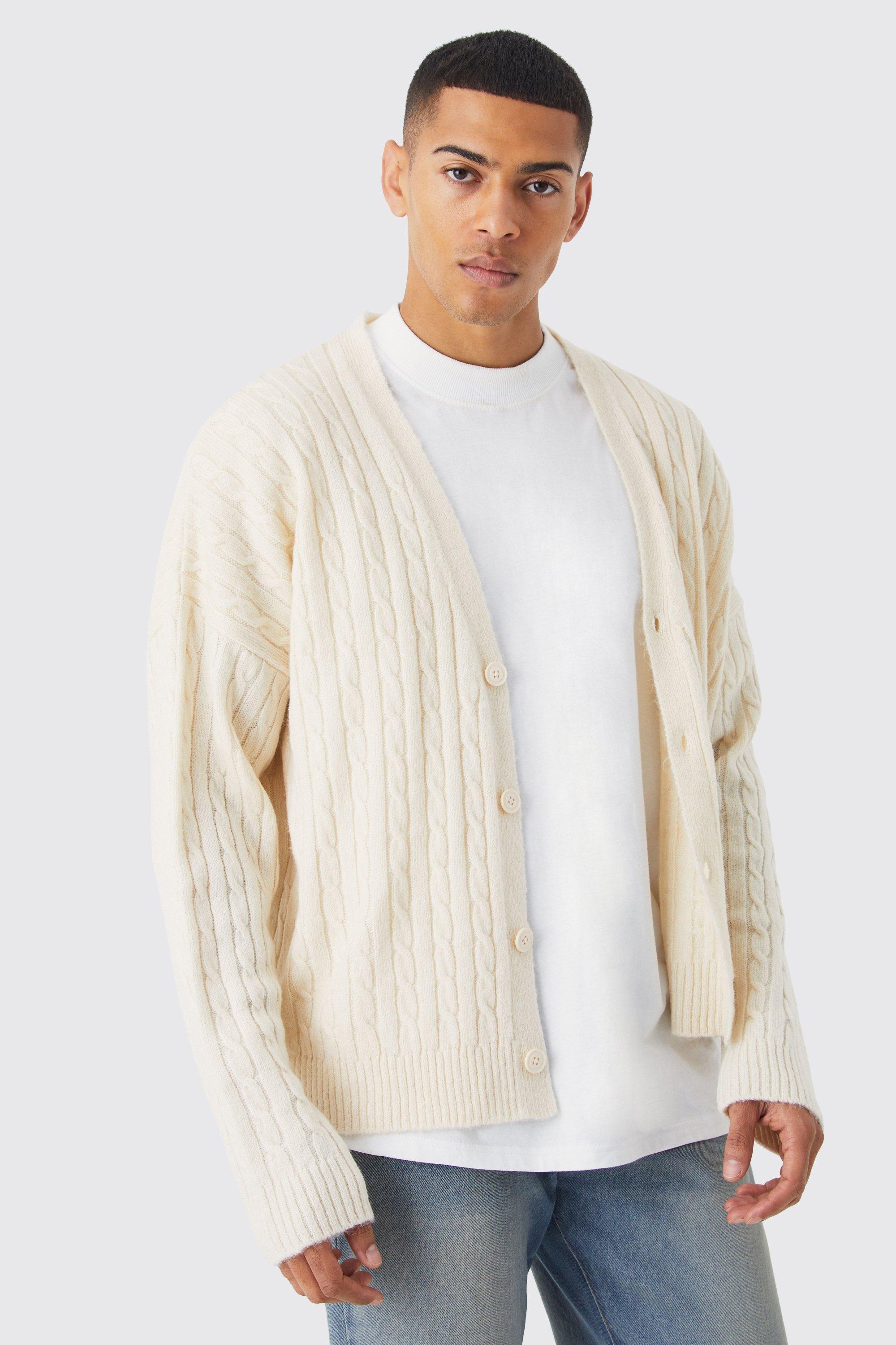 Men's Boxy Fit Patchwork Knitted Cardigan | Boohoo UK