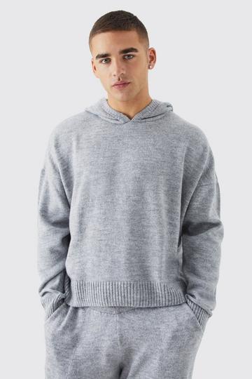 Grey Boxy Brushed Knitted Hoodie