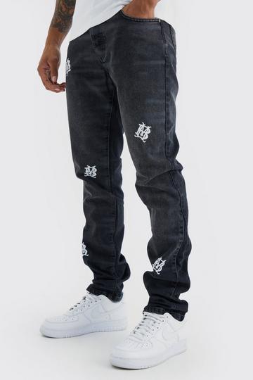 Slim Rigid Stacked Embroidered Gusset Jeans washed black