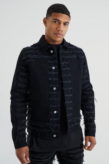All Over Distressed Denim Jacket true black