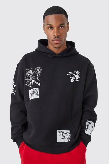 Oversized Multi Placement Graphic Hoodie black