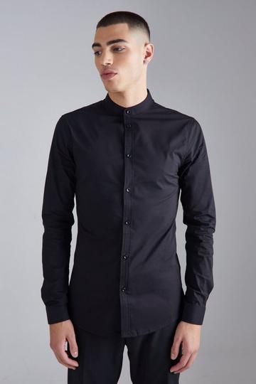 Black Long Sleeve Grandad Collar Stretch Shirt