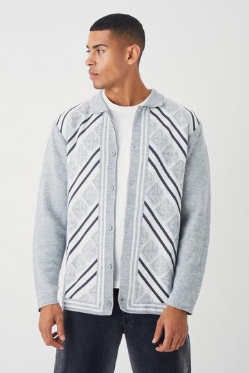 Long Sleeve Rib Collar Jacquard Knit Shirt grey