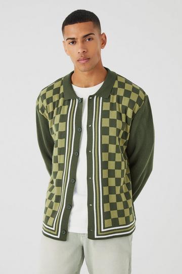 Green Oversized Long Sleeve Checkerboard Knit Shirt