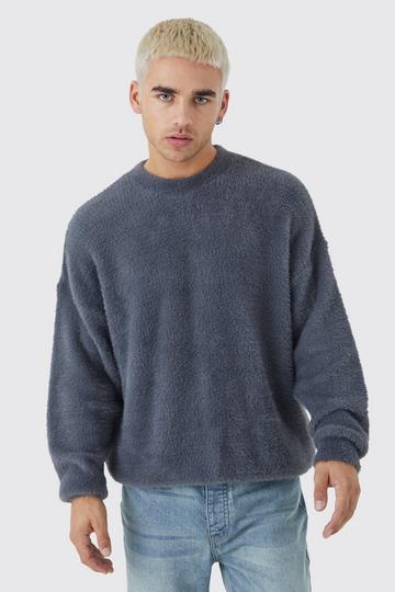Oversized Crew Neck Fluffy Knitted Jumper charcoal